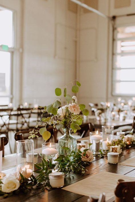 Minimalist Eucalyptus Wedding, Simple Wedding Florals Table, Greenery And Bud Vase Centerpiece, Casual Wedding Table Decor, Small Vases With Flowers Wedding, Wedding Flowers Minimalist, Minimalist Flowers Wedding, Whiskey Bottle Centerpiece, Wedding Minimalist Decorations