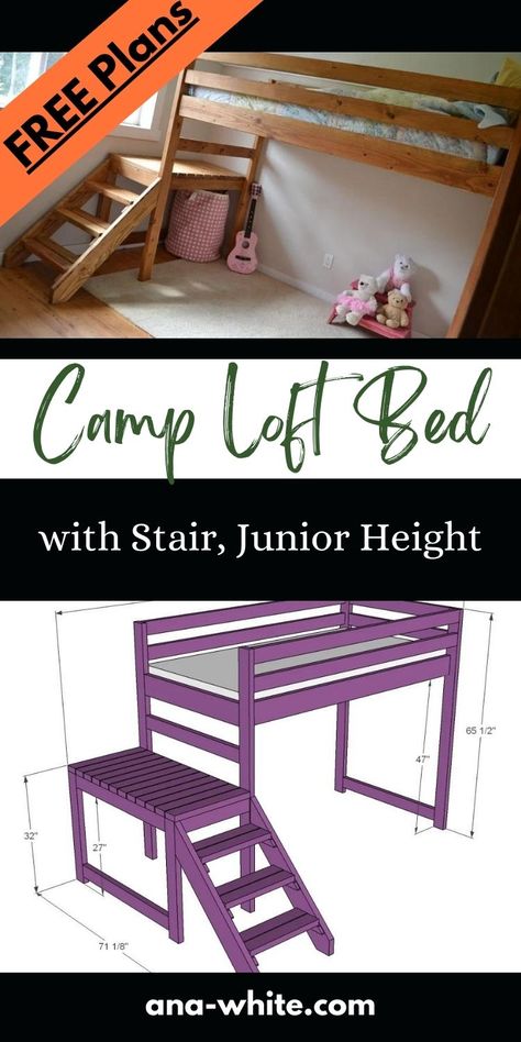 Twin Loft Bed Plans Free, Plans For Loft Bed, Diy Low Loft Bed With Storage, Diy Loft Bed For Kids Small Room, Full Size Loft Bed Diy, Loft Bed Plans Free, Loft Bed Diy Plans, Camp Loft Bed, Loft Bed Stairs