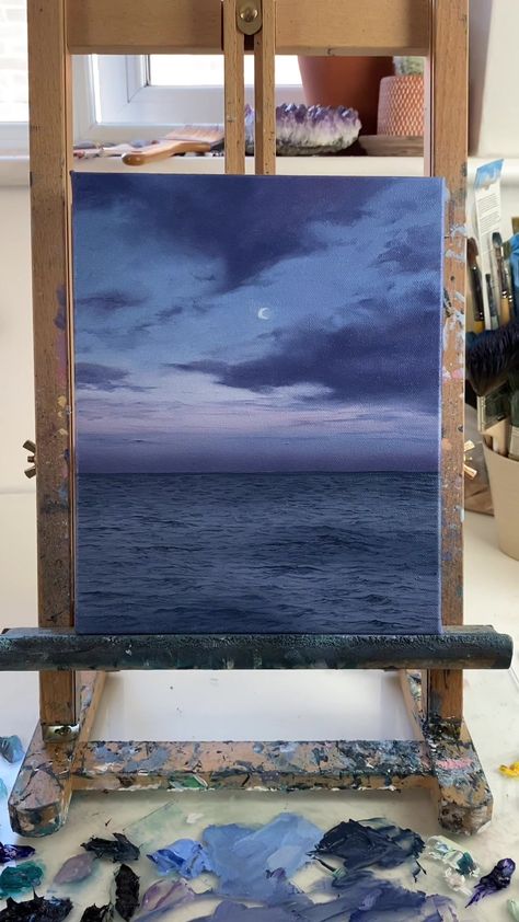 Gloomy Ocean Painting, Gloomy Oil Painting, Beautiful Things To Paint, Gloomy Painting Ideas, Moon Light Drawing, Moonrise Painting, Moon Painting Aesthetic, Gloomy Painting, Painting Aesthetic Easy