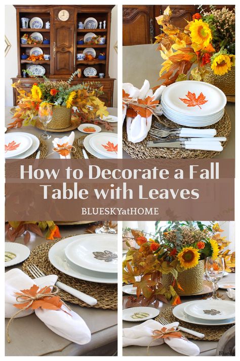 Learn How to Create a Fall Table with Leaves. Use leaves as a design element in your fall tablescape. Make a statement with fresh and faux leaves. Table With Leaves, Pretty Table Settings, White Linen Napkins, Diy Leaves, Blue Chinoiserie, Tablescape Ideas, Autumn Ideas, Faux Leaf, Pressed Leaves