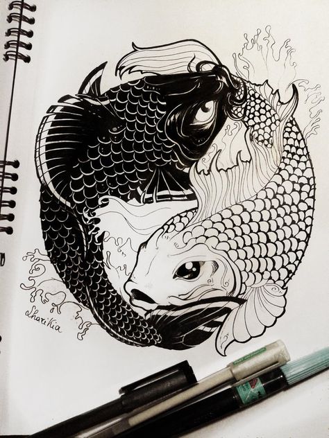 Basically the yin and yang symbol performed by two japanese carps that I drew in class during boring lessons xD This remind me the zodiac pisces sign, so I started drawing all of the Zodiac (I'm no... Karp Koi, Ying Yang Tattoo, Koi Tattoo Design, Koi Fish Drawing, Yin Yang Art, Yin Yang Tattoos, Kunst Tattoos, Pisces Tattoos, Koi Art