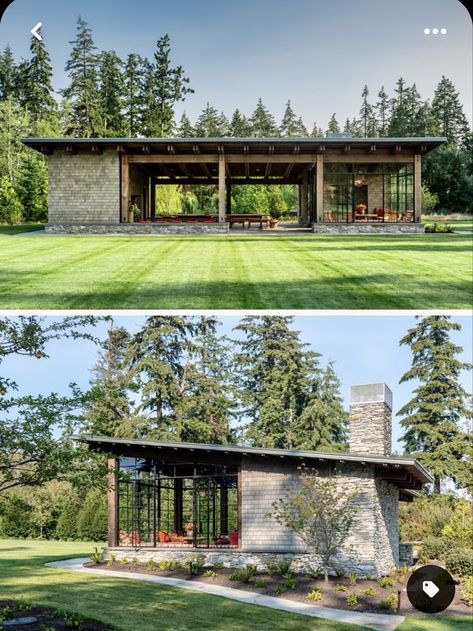 Detached Living Space, Fieldhouse Architecture, Pavilion With Bathroom, Home Pavilion, Modern Garden House, Log Seating, Modern Stone House, Stone Structures, Conservation Corps