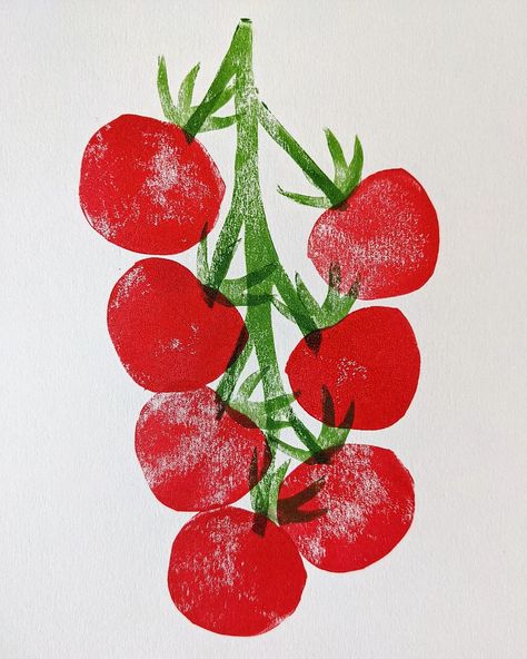 Vegetable Printing Designs, Veggie Printing, Linocut Fruit Print, Embroidered Tomato, Fruit Stencils, Stem Biology, Fruit Lino Print, Tomato Aesthetic, Tomato Vine Illustration