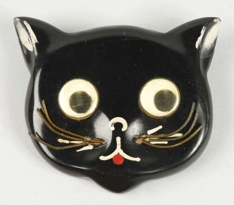 This bakelite kitty brooch has moveable eyes. Don't know what it sold for, but the estimate was $300-$500 US. Cats Jewelry, Googley Eyes, Bakelite Brooch, Bakelite Jewelry, Vintage Celluloid, Cosmetic Items, Vintage Bakelite, Antique Brooches, Googly Eyes