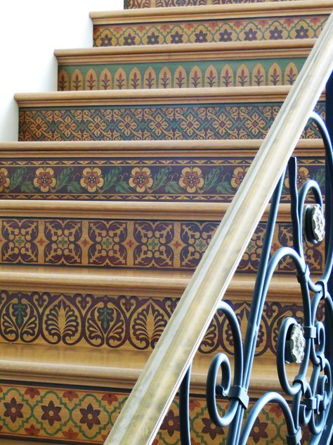 Stenciled Stairs, Painted Stair Risers, Spanish Colonial Homes, Painted Staircases, Wall Stencil Patterns, Staircase Makeover, Stairs Ideas, Tile Stairs, Colonial Design