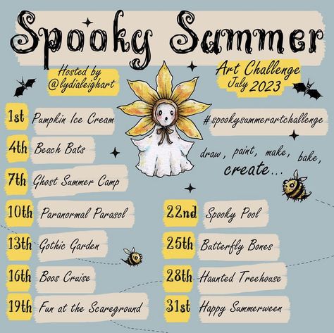 Spooky Summer Art Challenge 2023 Summer Art Challenge, September Art Challenge 2024, September Drawing Prompts, September Art Challenge, Art Challenge 2023, Art Challenge Ideas, Spooky Summer, Sketchbook Prompts, September Art