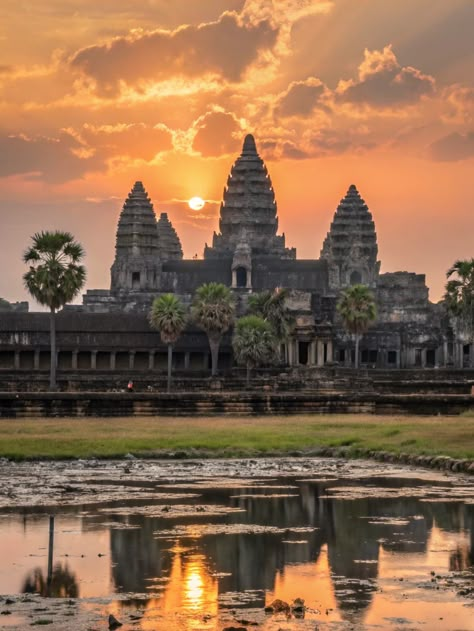 Witness the mesmerizing beauty of Angkor Wat at sunset! This iconic temple, with its stunning reflections and vibrant sky, is a must-visit for adventurers and culture lovers alike. Have you experienced this magical moment?  Share your thoughts or favorite memories below! . #travelasia #travel #travelphotography #travelgram #asia #wanderlust #travelblogger #travelblog #asiatravel Angkor Wat Sunrise, Angor Wat, Cambodian Temple, Ankor Wat, Bagan Temples, Shwedagon Pagoda, Golden Pavilion, Angkor Wat Cambodia, Angkor Wat Temple