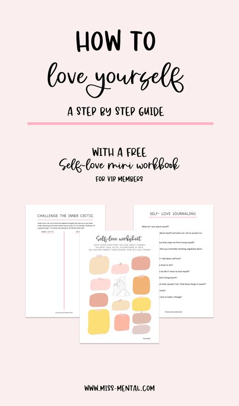 How to love yourself: a step by step guide with accessible exercises that anyone can do. With free printable self-love workbook. Self-love is a journey, not a destination, with affirmations, reframing and self-care you can learn to love yourself. Cause you are worthy of self-love. Self Love Printables, Steps To Self Love, Self Love Exercises Journal, Self Love Workbook, Self Care Workbook, Self Love Guide, Self Love Exercises, Self Love Journey, Self Esteem Worksheets