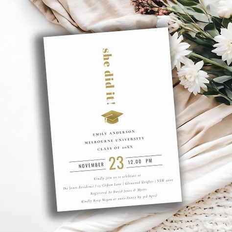 $2.80 | Elegant Minimal Gold Typography Graduation Cap #high school university graduate, pre nursery elementary grade grad, high primary school graduation, modern elegant, simple minimal, typography, graduation cap, bold urban, whimsical, cute Graduation Cap High School, Primary School Graduation, Graduation Invitations High School, Graduation Templates, Minimal Typography, University Graduate, Gold Typography, Minimal Gold, Grad Cap