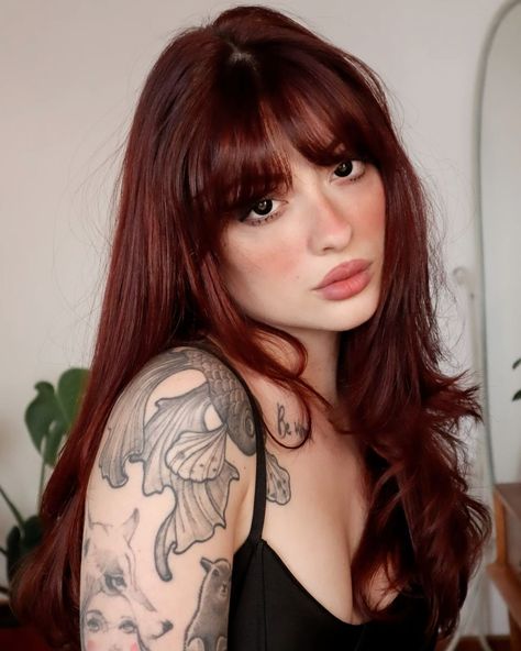 Goth Auburn Hair, Mohagni Hair Color, Auburn Long Bob, Ginger Goth Aesthetic, Hair Color For Dark Eyes, Copper Hair Brown Eyes Olive Skin, Dark Copper Hair With Money Piece, Red Hair Over Brown, Red Hair For Brown Eyes