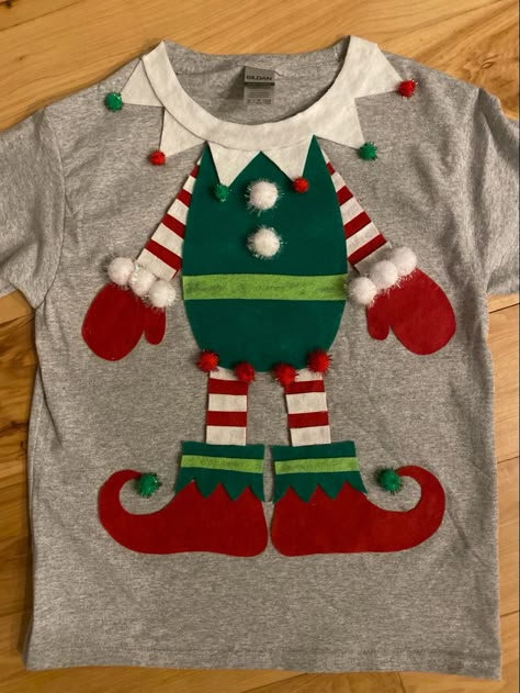 Elf T Shirt Ideas, Ugly Christmas Shirts Diy, Ugly Christmas T Shirt Ideas, Diy Christmas Tshirts Ideas T Shirts, Ugly Tshirt Ideas Diy, Diy Christmas T Shirts Ideas, Elf On The Shelf Ugly Sweater Diy, Diy Xmas Sweater, Kid Ugly Christmas Sweater Diy