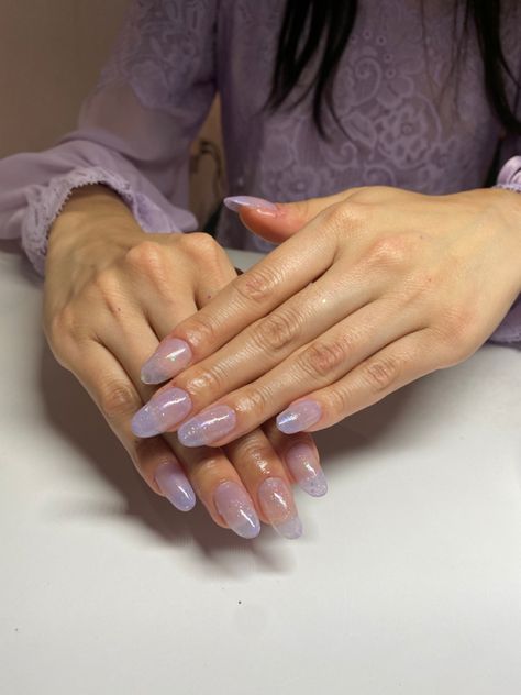 Jelly Lilac Nails, Lilac Jelly Nails, Sheer Lilac Nails, Sheer Lavender Nails, Sheer Purple Nails, Lilac Glitter Nails, Lavender Glitter Nails, Lilac Gel Polish, Sheer Nail Polish