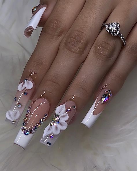 Extra but Classy 🤍✨ #naildesigns #naildesign #nailsnailsnails #whitenails #nailaddict #explorepage #explore | Instagram Nail Art In Red Colour, Charms Nail Art, Cute Nail Designs With Charms, Cute Acrylic Nails Designs Popular, Nail Ideas 3d Flowers, Nail Ideas 3d, Nail Designs Charms, Nails W Charms, Nail Designs With Charms