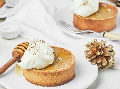 Honey & Muscovado Tartlets with Vanilla Mascarpone Cream Custard Tartlets, Custard Baked, Sweet Pastry, Mascarpone Cream, Salt Flakes, Golden Colour, Sweet Pastries, Custard, Tart