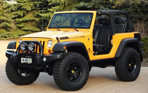 Yellow 2 door lifted rubicon Jeep Wrangler no top with a soft top option. Could do a 4 door too! Two Door Jeep Wrangler, 2 Door Jeep, Yellow Jeep, Jeep Concept, Cj Jeep, Hors Route, Jeep Cj7, Dream Cars Jeep, Cool Jeeps