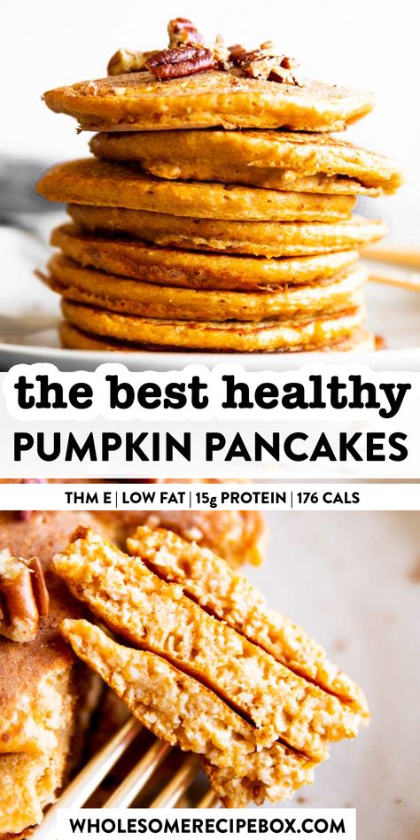 Pumpkin Oatmeal Pancakes are an easy, delicious and healthy breakfast idea for fall. Serve them with Greek yogurt to dip in - the kids will love it! This recipe is Trim Healthy Mama friendly (THM E). The pancakes are low fat, gluten free (if using certified gluten free oats), refined flour free and sugar free. | #lowfat #healthy #trimhealthymama #thm #thme #pumpkin #pumpkinrecipes #thanksgiving #halloween #fall #autumn #breakfast #brunch Pumpkin Oatmeal Pancakes, Autumn Breakfast, Thm E, Healthy Breakfast Idea, Thanksgiving Breakfast, Oatmeal Pancakes, Pumpkin Oatmeal, Thm Recipes, Pancakes Healthy