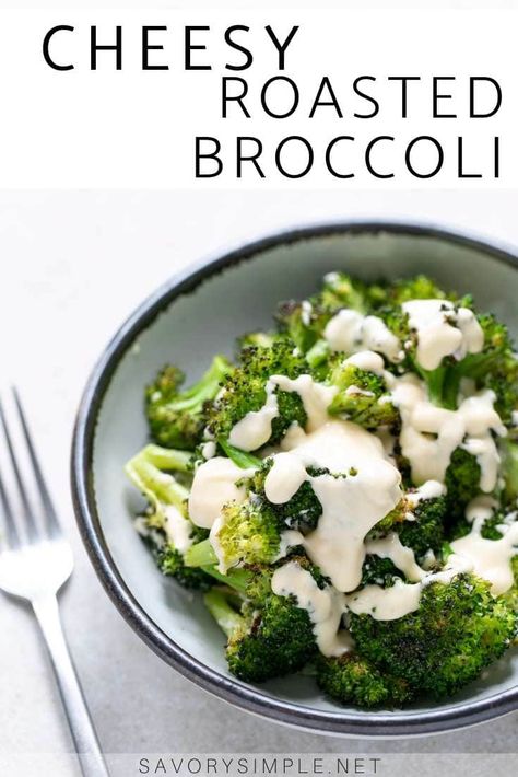 Roasted broccoli with cheese sauce is an easy, addictive side dish that comes together surprisingly fast! #broccoli #sidedish #savorysimple Broccoli With Cheese Sauce, Broccoli With Cheese, Cheese Sauce For Broccoli, Veggie Ideas, Garlic Roasted Broccoli, Pinterest Food, Homemade Cheese Sauce, Roasted Vegetables Oven, Broccoli Cheese Soup