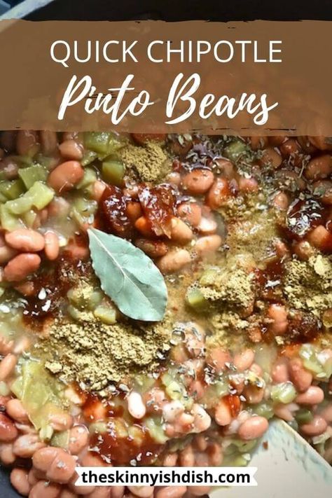 These Quick Chipotle Pinto Beans are the ultimate side dish for your Mexican inspired meals like my Chipotle Chicken Burrito Bowls and more. Using canned beans and delicious spices and more you’ll have an amazing side dish in little time. #chipotle #pintobeans #ww Chipotle Copycat Pinto Beans, Theskinnyishdish Recipes, Skinnydish Recipes, Beans For Burritos, Chipotle Pinto Beans, Chipotle Chicken Burrito, Skinnyish Dish, Chipotle Recipes, Chicken Burrito Bowls