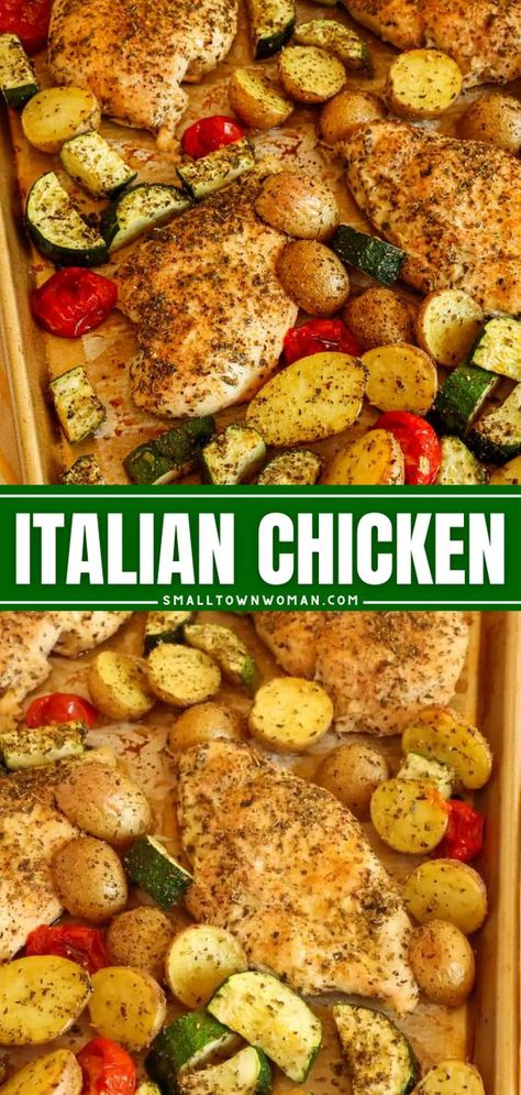 Your family will love this meat main dish! It's an easy dinner idea on a sheet pan. Baked with fresh vegetables, these Italian chicken breasts are delicious! Try this chicken recipe for dinner! Baked Chicken And Veggies, Chicken Recipe For Dinner, Pan Chicken Breast, Sheet Pan Meals Chicken, Pan Chicken Recipes, Sheet Pan Dinners Chicken, Recipe For Dinner, Easy Sheet Pan Dinners, Chicken And Veggies