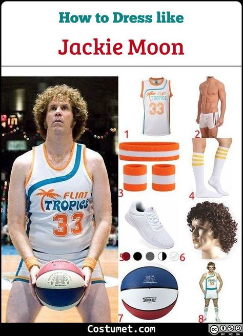 Jackie Moon wears a white jersey with Flint Tropics print and lining in orange and blue color. He also wears a shorts with colored lining. To complete the look, wear a pair of strped long socks, white shoes, sweatbands, and a curly wig. #Movies #male #movies #WillFerrell #adult #basketball #Semi-Pro #athletic Semi Pro Costume, Jackie Moon Costume, Basketball Costume, Best Nba Players, Party Scene, Comedy Films, Long Socks, White Jersey, Calf Socks