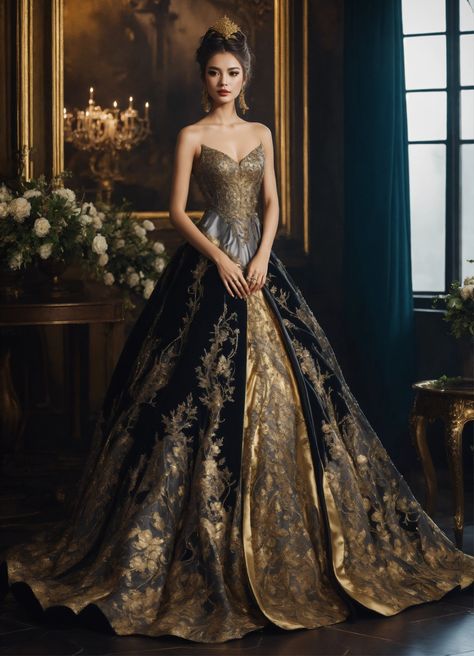 #dress #good #looking #Love# beautywomen #black Black Fairytale Dress, Fantasy Gowns Queens Fairytale, Fantasy Gowns Queens, Acotar Shifting, Black And Gold Ball Gown, Party Long Gown, Fantasy Ball, Royal Gowns, Gold Wedding Dress