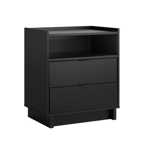 PRICES MAY VARY. ASSEMBLED DIMENSIONS & WEIGHT- Nightstand- 23.75" W x 26.75" H x 16" D, Total weight- 48 lbs., All pieces arrive ready to assemble in 1 Box STYLISH BEDSIDE TABLE WITH A CLEAN, MODERN DESIGN- Attractive nightstand features an open shelf for those items you want easy access to, 2 drawers and a sturdy top that holds up to 25 pounds, all in a pure black finish DURABLE MATERIAL FOR LONG TERM USE- Black nightstand is constructed from non-toxic (CARB 2 Compliant), laminated composite w Bedside Table Ideas Black, Black Night Table, Black Bedside Table Ideas, Black Bedroom Nightstands Ikea, Gray Bedside Table, Unique Black Nightstands, Black Nightstand Bedroom, Black Side Table Drawers, Nightstand Simple