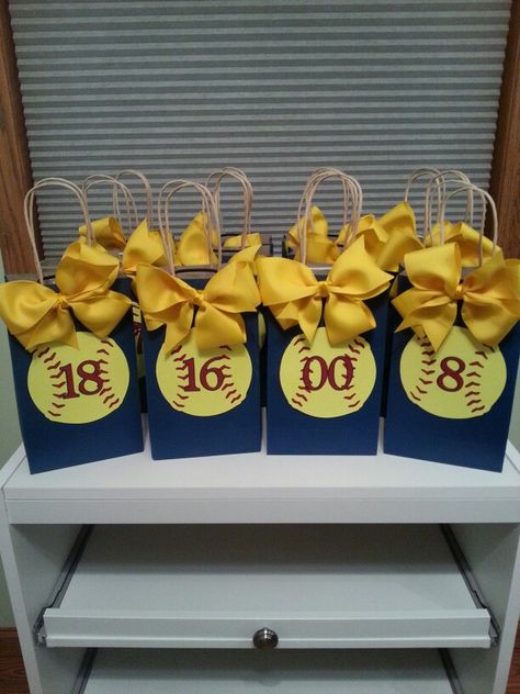 Softball gift bags Softball Swag Bags, Softball Baskets For Dugout, Softball Nationals Team Gifts, Softball Banquet Gift Ideas, Softball Tournament Goodie Bags, Softball Snack Bags, 8th Grade Softball Night Gifts, Senior Night Gift Ideas Softball, Softball Treat Bags