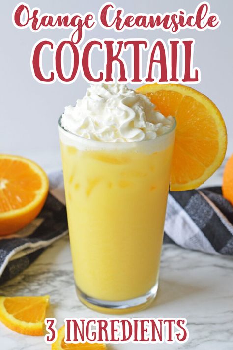 Orange Creamsicle Cocktail - A bright and refreshing cocktail perfect for hot summer days! Made with just orange juice, whipped cream vodka, and cream of coconut, this drink is easy and delicious! Summer Cocktails | Orange Creamsicle Cocktail | Easy Cocktail Recipes | Orange Cocktail #cocktail Creamsicle Crush Cocktail, Orange Creamsicle Crush, Orange Dreamsicle Drink Alcohol Vodka, Orange Creamsicle Jungle Juice, Orange Dreamsicle Cocktail, Cream Cicle Drink, Orange Creamsicle Cocktail Recipe, Orange Creamsicle Drink Alcohol, Drinks With Orange Juice