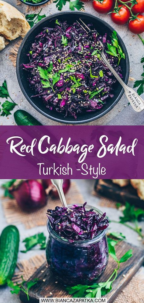 Instead of red and white wine vinegars, I used a little lemon juice. Cabbage Salad Recipe, Raw Salad, Cabbage Recipes Healthy, Raw Cabbage, Red Cabbage Recipes, Red Cabbage Salad, Red Cabbage Slaw, Vegan Tzatziki, Jar Salad