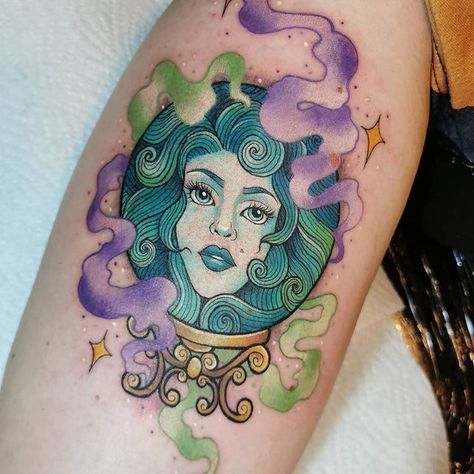 Haunted Mansion Tattoo Sleeve, Haunted Mansion Madame Leota Tattoo, Muses Tattoo Disney, Neotraditional Disney Tattoo, The Haunted Mansion Tattoo, Madam Leota Tattoo, Haunted Mansion Tattoos, Madame Leota Tattoo, Disney Haunted Mansion Tattoo