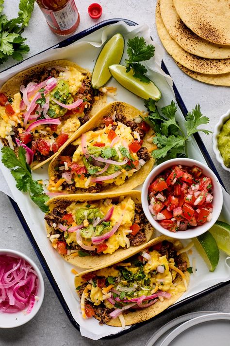 Breakfast Tacos Breakfast Tacos Recipe, Hispanic Dishes, Eating Tacos, Easy To Make Breakfast, Vegetarian Tacos, Mexican Dinner, Tacos And Burritos, Breakfast Potatoes, Egg Recipes For Breakfast