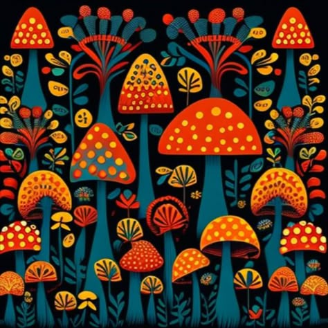 Russian Folk Art Pattern, Colorful Folk Art, New Mexican Art, Folk Art Elements, Autumn Folk Art, Mushroom Folk Art, Whimsical Mushroom Art, Psychadelic Art Patterns, Folk Art Color Palette