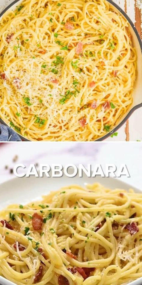 This family dinner for tonight can be on the table in 20 minutes! Nothing beats this pasta carbonara recipe with bacon. So easy and delicious, it's the comfort food everyone will want to have again and again! Bacon Carbonara Pasta, Dinner For Tonight, Easy Carbonara Recipe, Bacon Pasta Recipes, Pasta With Bacon, Recipe With Bacon, Pasta Carbonara Recipe, Chicken Carbonara, Fancy Dinner Recipes