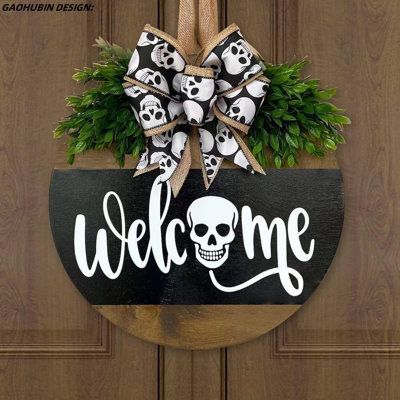 Our horror welcome sign for front door you should leave sign home decor is made of quality wood and all signs are handmade, thick and sturdy. | The Holiday Aisle® Halloween Skull Welcome Sign for Front Door Porch Decor, Wood in Black / Brown / Green | Wayfair Halloween Door Signs, Porta Halloween, Seasonal Wall Hangings, Halloween Houses, Spooky Diy, Holiday Door Decorations, Sign For Front Door, Door Hanging Decorations, Halloween Front Doors