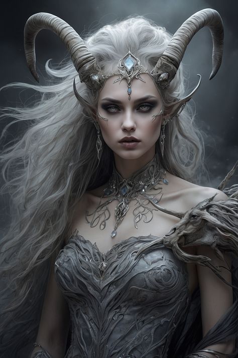 Goddess With Horns, Woman With Antlers, Horned Fairy, Horns Aesthetic, Woman With Horns, Horned Goddess, Viking Warrior Woman, Female Demons, Goat Horns