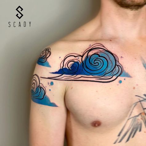 Wave Cloud Tattoo, Compass Tattoo Colorful, Pinochle Tattoo, Wrist Watercolor Tattoo, Colored Tattoos On Dark Skin, Elemental Tattoos, Scifi Tattoo, Air Tattoos, High Contrast Tattoo