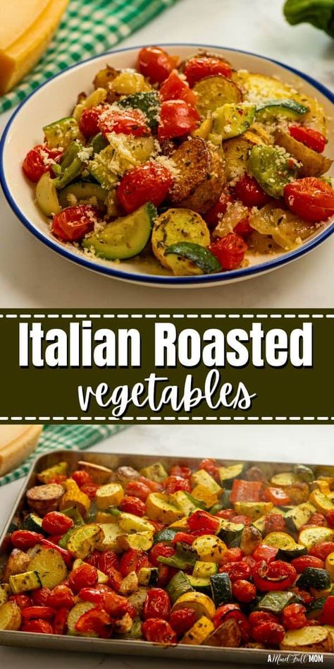 Looking for an easy and flavorful vegetable side dish? Make these Italian Roasted Vegetables! Potatoes, squash, peppers, and tomatoes are seasoned to perfection, then roasted until perfectly caramelized. These easy oven-roasted vegetables are packed with flavor and make with a simple side dish to endless meals. In Season Vegetables, Roasted Vegetables Casserole, Baked Vegetables Oven, Oven Roasted Mediterranean Vegetables, Squash And Zucchini Recipes Oven, Italian Roasted Veggies, Favorite Vegetable Side Dishes, Italian Grilled Vegetables, Low Carb Roasted Vegetables