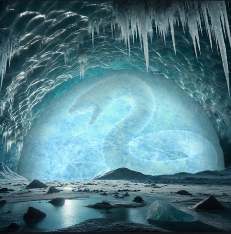 Deep within the icy expanse of Frostveil lies the Sacred Ice Cave, a place of profound spiritual significance to the Kwazu people. This magnificent ice serpent, forever encased in glistening ice, is worshipped as a symbol of protection and wisdom. This is where the Kwazu conduct their most sacred rituals and ceremonies, seeking guidance and blessings from the ancient serpent spirit. #worldbuilding #sacredgrounds #Icecave #naturewonders Dnd Gods, Ancient Serpent, Ice Kingdom, Ice Caves, Ice Palace, Last Unicorn, Ice Cave, The Last Unicorn, Buried Treasure