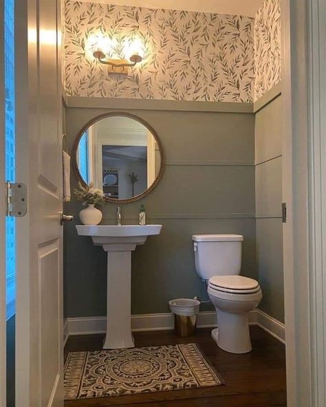 Manor House Decor, Tiled Bathroom Walls Behind Vanity, Small Basement Powder Room, Half Bathroom Ideas Dark Floor, Half Bath Feature Wall, Powder Room Batten Board, Stunning Half Bathrooms, Half Bath Wall Color Ideas, Dark Moody Powder Room Wallpaper