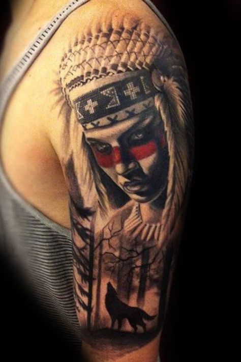 Native American Warrior Tattoos, Warrior Tattoo Ideas, Native American Wolf Tattoo, Tree Sleeve Tattoo, Tree Sleeve, Warrior Tattoo Sleeve, Indian Warrior, Native American Tattoo, American Indian Tattoos