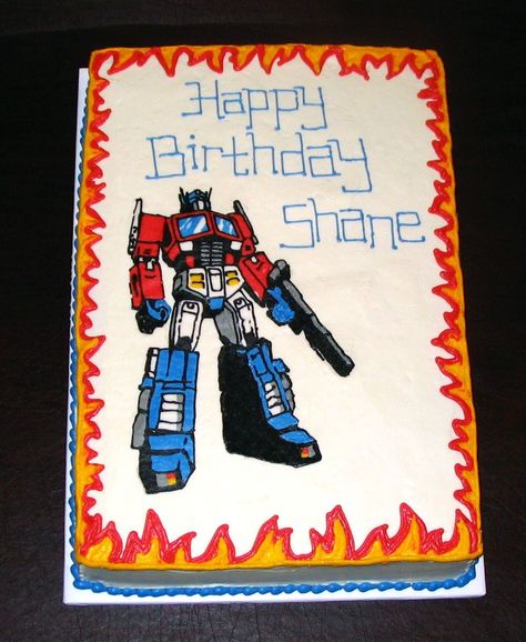 Optimus Prime Transformer cake - half sheet cake with FBCT of Optimus Prime. Optimus Prime Cake, Transformers Birthday Cake, Transformers Cake, Half Sheet Cake, Transformers Birthday Parties, Transformer Party, Birthday Sheet Cakes, Transformer Birthday, Cake Birthday Cake