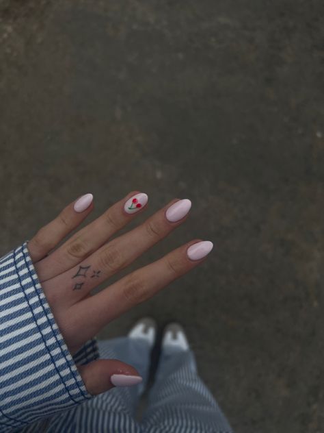 Cherry Nail Designs Short Nails, Cute Short Acrylic Nails Cherry, Short Nail Designs Cherry, Simple Cherry Nails, Pink With Cherry Nails, Easy Cherry Nails, Nail Art Cherry, Nails 2025, Nails Biab