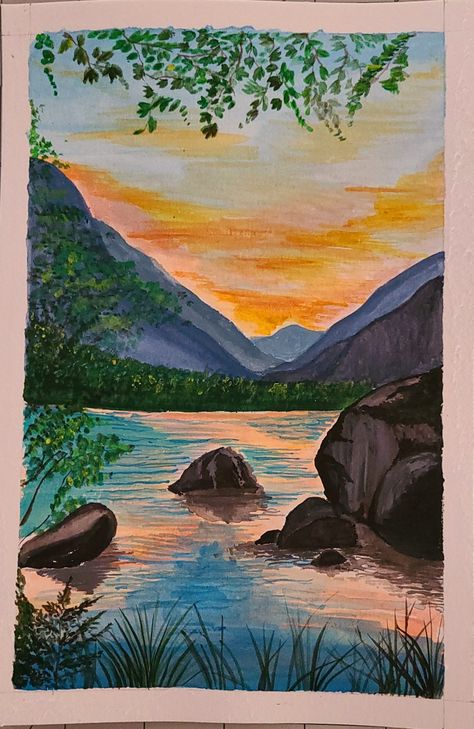 Nice Landscape Painting, Canvas Painting Ideas Landscape Easy, Painting View Nature, Landscape Drawings Color, Landscape Art Colored Pencil, Big Watercolor Painting Art Projects, Landscape Ideas Drawing Coloring, Gouche Painting Ideas Easy Landscape, Scenery Painting Oil Pastel