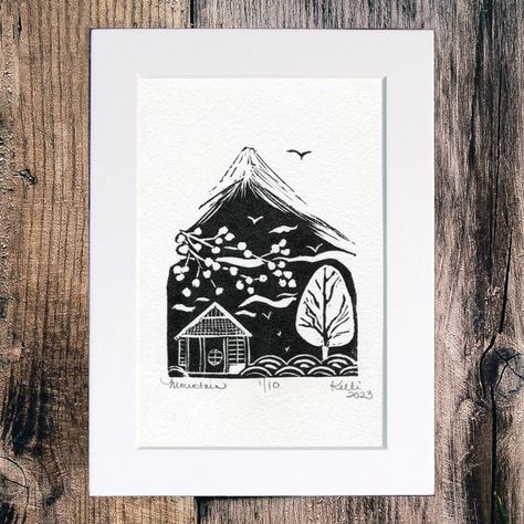 Japanese Mountain Landscape Block Print Limited Edition - Etsy Building Japanese, Tree Cabin, Japanese Block Print, Japanese Mountains, Stamp Ideas, Banner Ideas, Cute Cottage, Linocut Art, Japanese Landscape