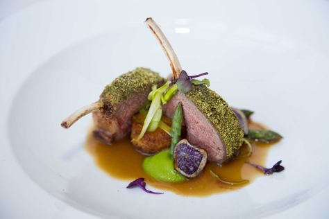 This is a celebration of spring with new seasons lamb, peas, asparagus and a beautiful fondant potato, finished with a shiny lamb jus. Herb Crusted Rack Of Lamb, French Appetizers, Roast Rack Of Lamb, Hazelnut Recipes, Crusted Rack Of Lamb, Western Inspiration, Fondant Potatoes, Lamb Dinner, Vegetables For Babies