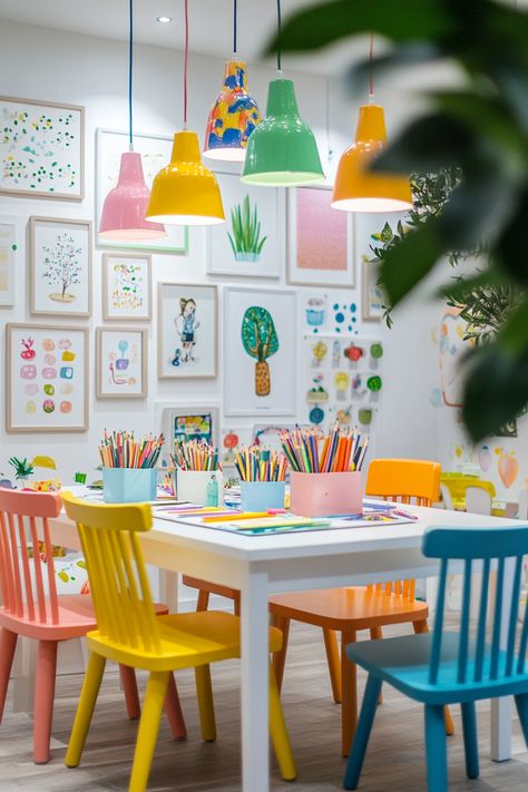 An activity room that doubles as a kids study and playroom, it’s a multipurpose space that brings joy and creativity to any home. Whether you're setting up a kids library, transforming a family room playroom, or creating a sunroom playroom, this setup offers plenty of bonus room color ideas. Ideal as a kids hangout room or even a playroom with office space, this room is filled with vibrant decor and movable furniture, perfect for a living room to playroom conversion for older kids. Playroom Design Basement, Painted Ceiling Playroom, Fun Playroom Paint Ideas, Colorful Playroom Design, Playroom Inspiration Colorful, Kids Playroom Ideas Colorful, Kids Art Space Ideas, Family Daycare Setup Ideas, Fun Playroom Paint Colors