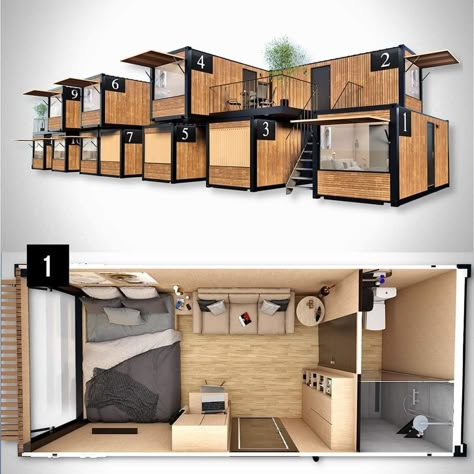 Container Hotel Design Ideas, Container Apartment Building, Mini Hotel Design, Container Hostel, Tiny House Hotel, Mini Hotel, Container Hotel, Micro Living, Small House Ideas