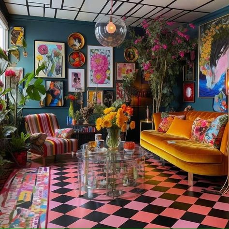 Hot Pink Maximalist Room, Maximalist Decor Basement, Colorful Maximalist Interior Design, Yellow Maximalist Room, Colourful Maximalist Decor, Color Maximalist Decor, Colourful Eclectic Interiors, Whimsical Maximalist Decor, Pink Maximalist Decor