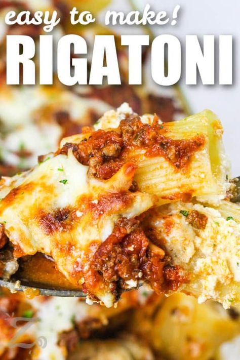 Have this baked rigatoni ready for serving for the next big meal. Whether this is made in advance and frozen, prepared in the morning, and ready for eating in the evening, this dish is so quick and easy to prepare. Ricotta, parmesan, and mozzarella cheese are mixed together and layered between rigatoni noodles, and ground beef then baked to golden perfection. #bakedrigatoni #bakedrigatonirecipe #rigatoni #ourzestylife Cheesy Baked Rigatoni, Ground Beef Rigatoni, Baked Rigatoni With Ground Beef, Baked Rigatoni With Ricotta, Rigatoni Casserole, Baked Rigatoni Recipe, Rigatoni Pasta Recipes, Recipe Using Ricotta, Rigatoni Noodles