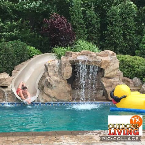 Pool Slide Diy, Pool Grotto, Grotto Pool, Swimming Pool Slides, Mini Swimming Pool, Swimming Pool Waterfall, Faux Rock, Pools Backyard Inground, Outdoor Water Features